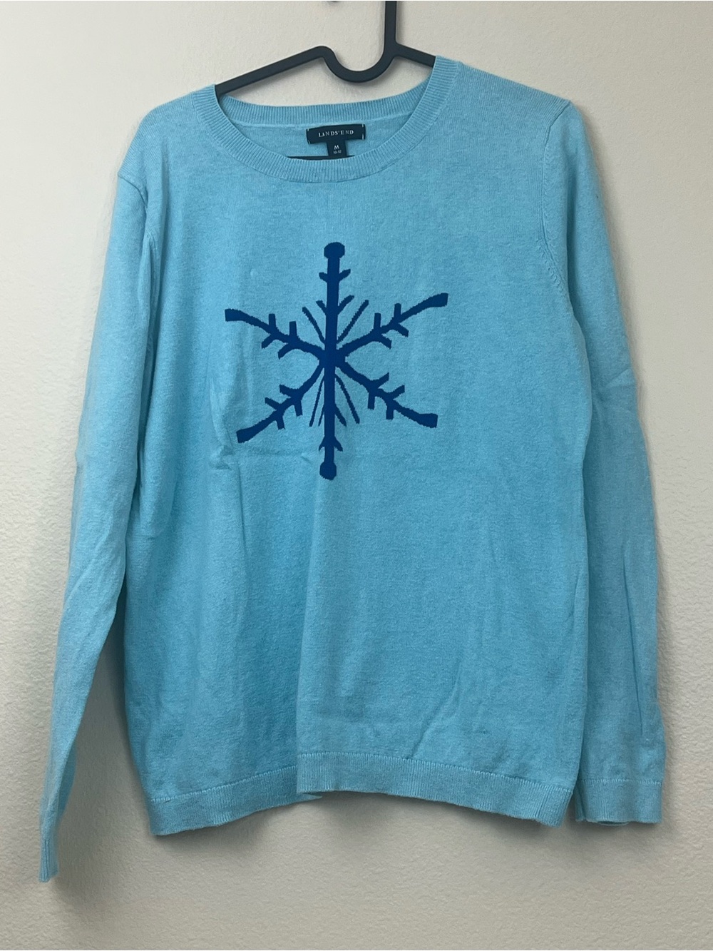 Lands' End Sweater Aqua Blue Snowflake Pullover Baumswool   Cashmere Womens M
